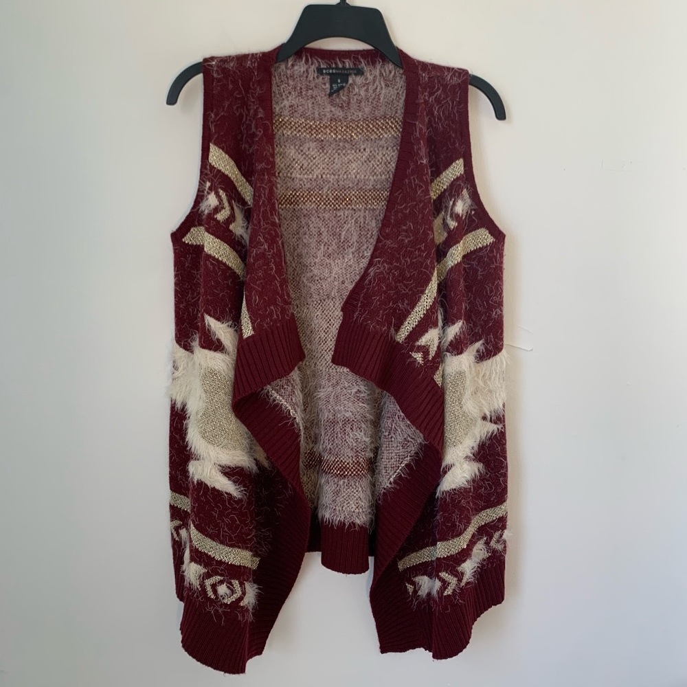 BCBG Maxazria Southwest Aztec Fuzzy Sweater Vest Small Open Front